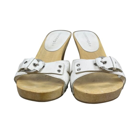 Apostrophe Women’s White Leather Buckle Strap Mina Wooden Heeled Sandals Sz 7M - Picture 2 of 8